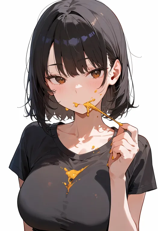 masterpiece, best quality, score_7, safe, mustard, 1girl, solo, upper body, simple background — by k3scat, made with ComfyUI