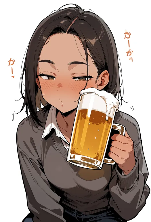 masterpiece, best quality, score_7, safe, beer mug, 1girl, solo, upper body, simple background — by k3scat, made with ComfyUI