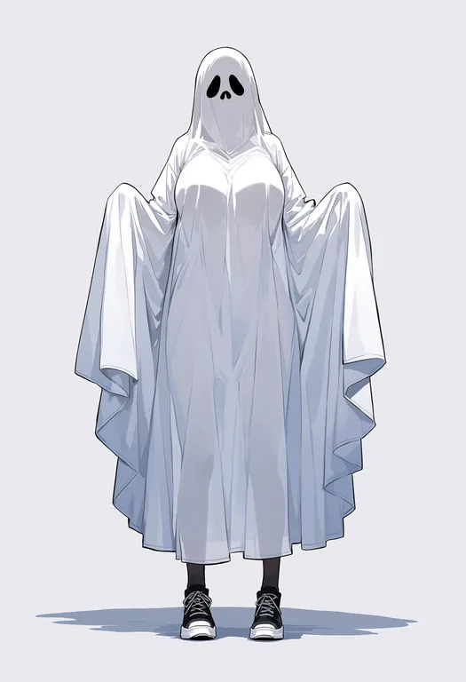 masterpiece, best quality, score_7, safe, ghost costume, 1girl, solo, full body, simple background — by k3scat, made with ComfyUI