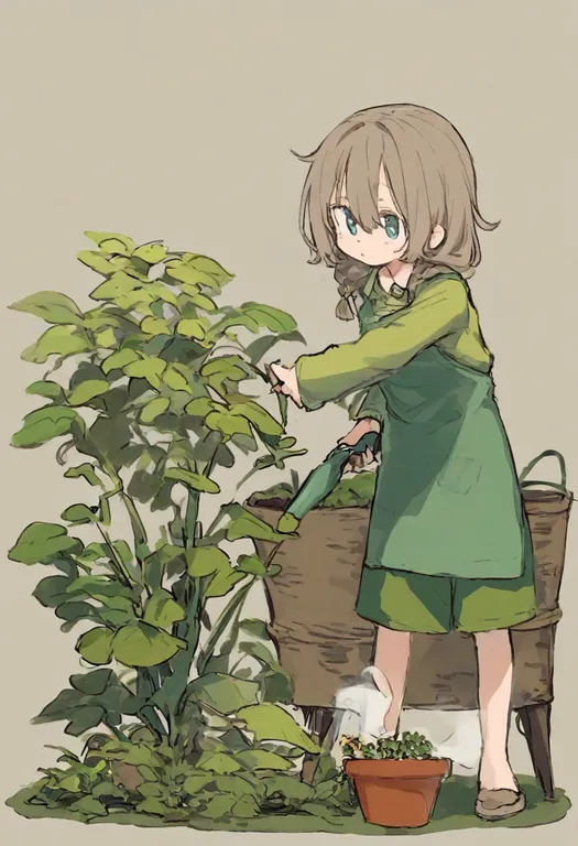 masterpiece, best quality, general, gardening, 1girl, solo, full body, simple background — by k3scat, made with ComfyUI