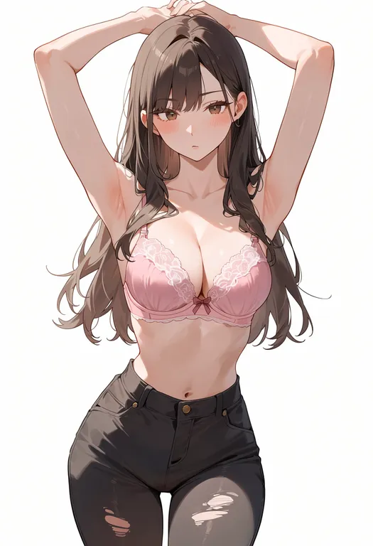 masterpiece, best quality, score_7, safe, pink bra, 1girl, solo, simple background — by k3scat, made with ComfyUI