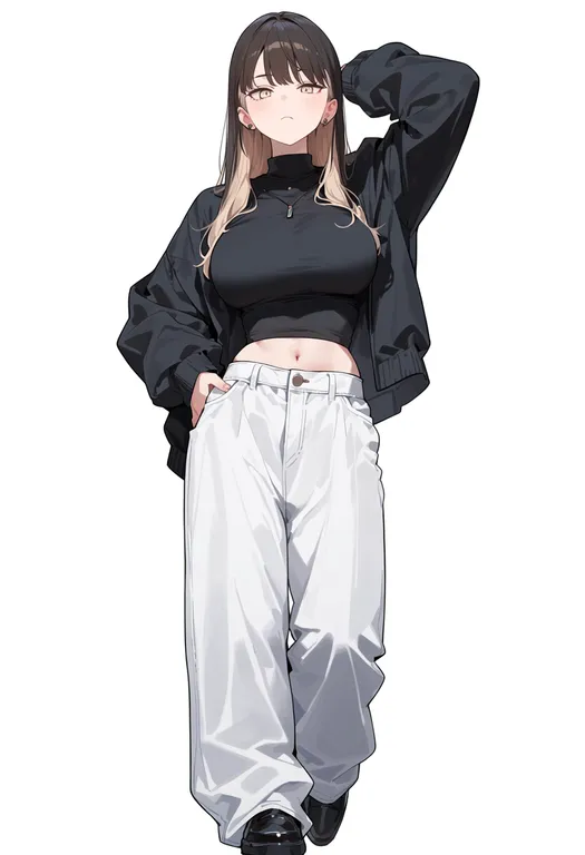masterpiece, best quality, score_7, safe, white pants, 1girl, solo, simple background — by k3scat, made with ComfyUI