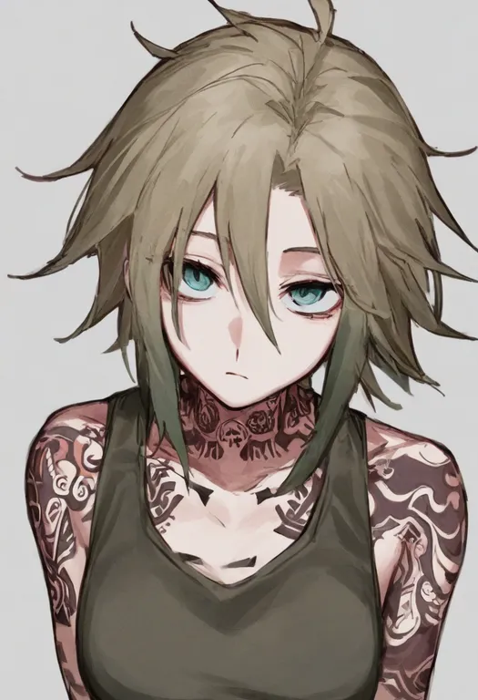 masterpiece, best quality, general, neck tattoo, 1girl, solo, simple background — by k3scat, made with ComfyUI