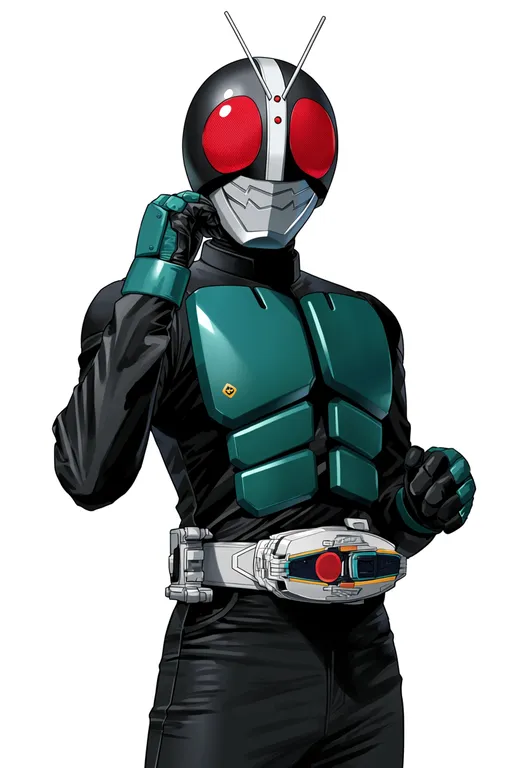 masterpiece, best quality, score_7, safe, kamen rider (1st series), solo, simple background — by k3scat, made with ComfyUI