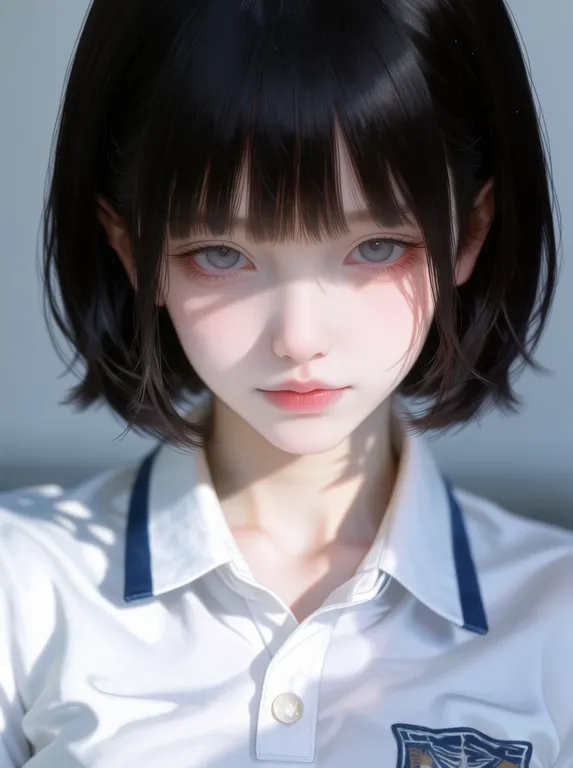 masterpiece, best quality, score_7, highres, safe, 1girl, solo, short black bob hair, straight bangs, grey eyes… — by wangmuze., made with ComfyUI