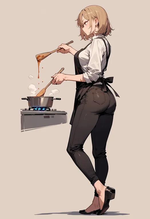 masterpiece, best quality, score_7, safe, cooking, 1girl, solo, full body, simple background — by k3scat, made with ComfyUI