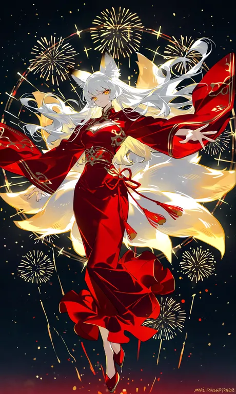 1girl, solo, white hair, long hair, floating hair, red dress, wide sleeves, gold trim, floating, 1girl, giant fox… — by cb z, made with ComfyUI