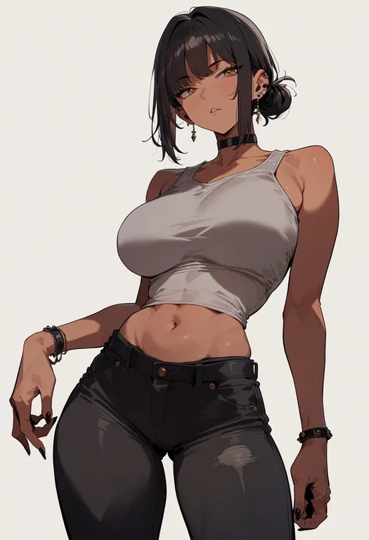masterpiece, best quality, score_7, safe, black pants, 1girl, solo, simple background — by k3scat, made with ComfyUI
