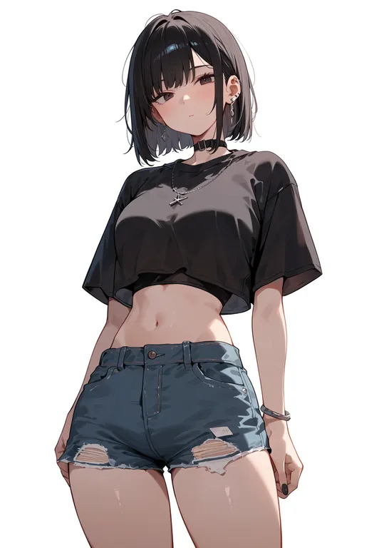 masterpiece, best quality, score_7, safe, cropped shirt, 1girl, solo, simple background — by k3scat, made with ComfyUI