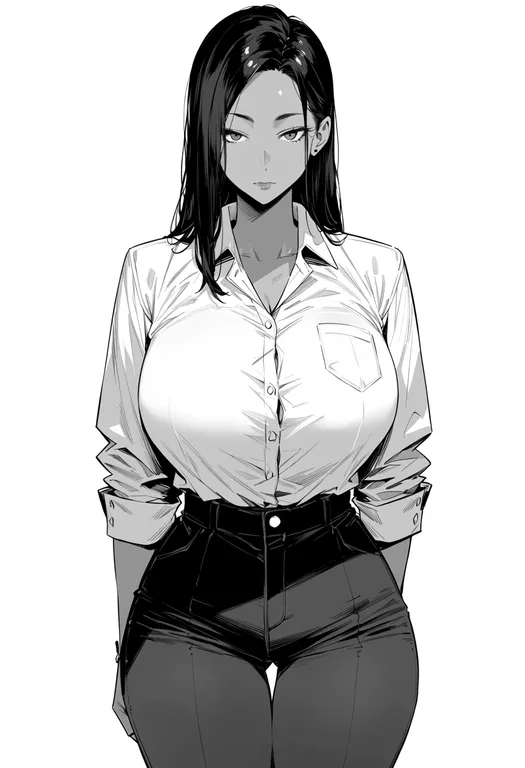 masterpiece, best quality, score_7, safe, shirt tucked in, 1girl, solo, simple background — by k3scat, made with ComfyUI
