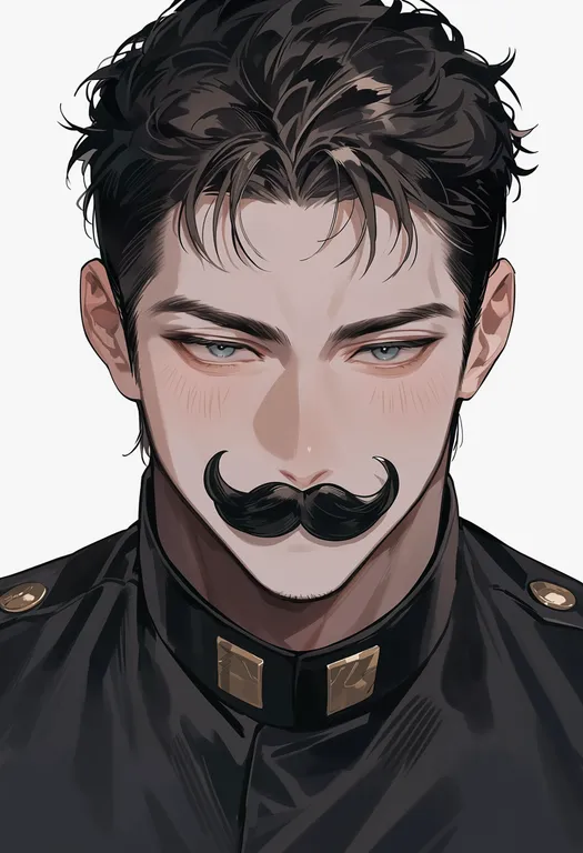 masterpiece, best quality, score_7, safe, fake mustache, 1boy, solo, portrait, simple background — by k3scat, made with ComfyUI