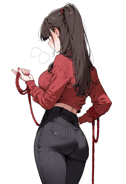 masterpiece, best quality, score_7, safe, red rope, 1girl, solo, simple background — by k3scat, made with ComfyUI
