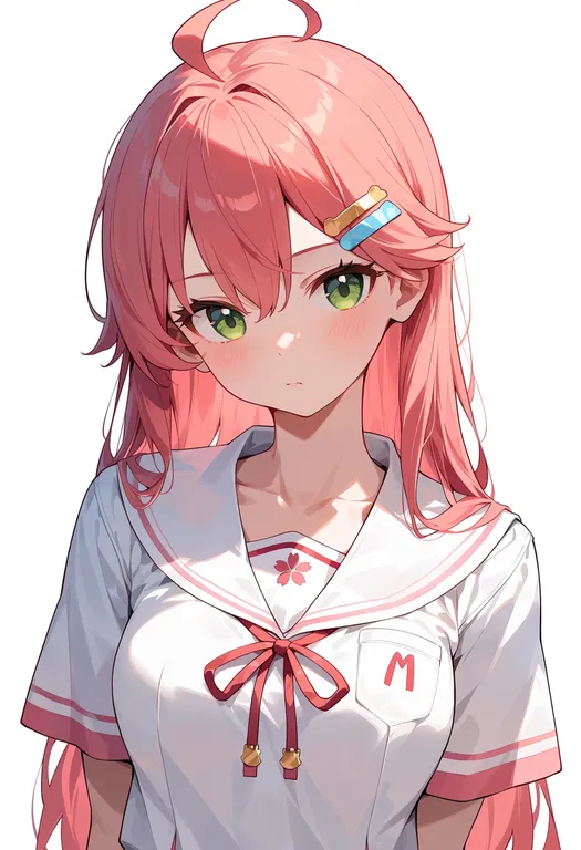 masterpiece, best quality, score_7, safe, sakura miko (school uniform), solo, upper body, simple background — by k3scat, made with ComfyUI