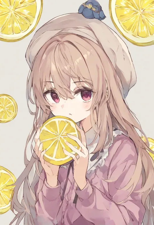 masterpiece, best quality, general, lemon slice, 1girl, solo, upper body, simple background — by k3scat, made with ComfyUI