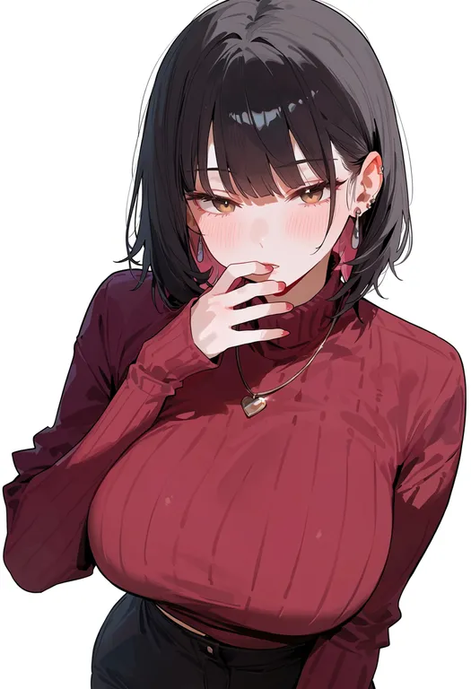 masterpiece, best quality, score_7, safe, hand to own mouth, 1girl, solo, simple background — by k3scat, made with ComfyUI