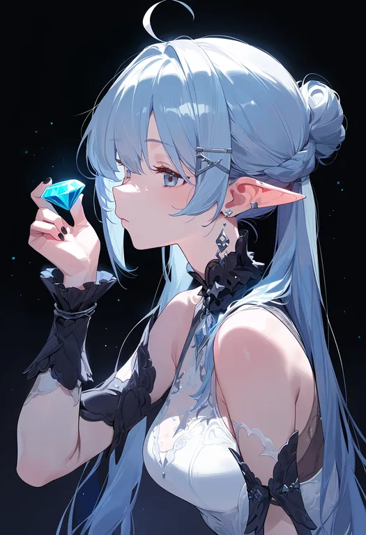 masterpiece, best quality, score_7, safe, holding gem, 1girl, solo, upper body, simple background — by k3scat, made with ComfyUI