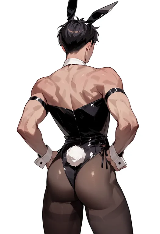 masterpiece, best quality, score_7, safe, male playboy bunny, 1boy, solo, simple background — by k3scat, made with ComfyUI