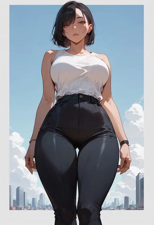 masterpiece, best quality, score_7, safe, skyline, 1girl, solo, simple background — by k3scat, made with ComfyUI
