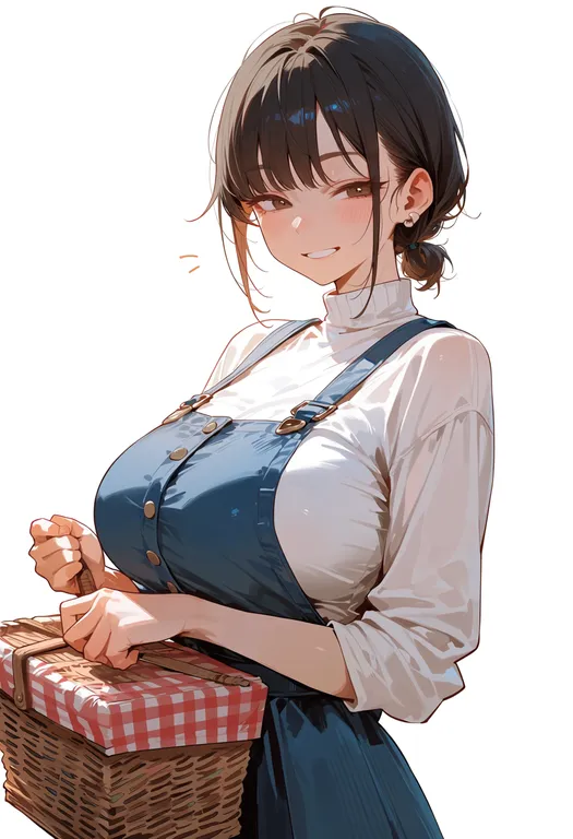 masterpiece, best quality, score_7, safe, picnic basket, 1girl, solo, upper body, simple background — by k3scat, made with ComfyUI