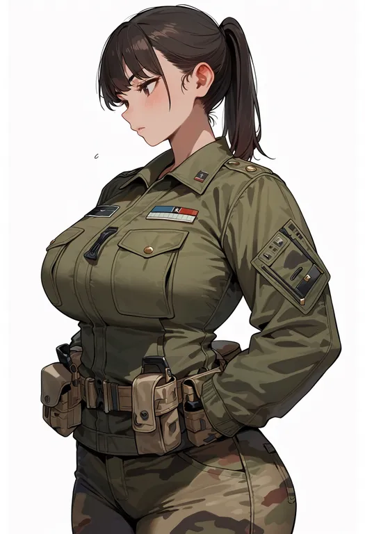 masterpiece, best quality, score_7, safe, military jacket, 1girl, solo, simple background — by k3scat, made with ComfyUI