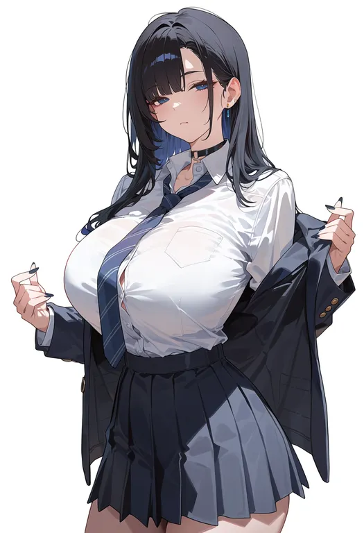 masterpiece, best quality, score_7, safe, unbuttoned shirt, 1girl, solo, simple background — by k3scat, made with ComfyUI