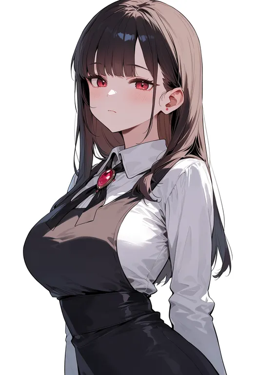 masterpiece, best quality, score_7, safe, brooch, 1girl, solo, upper body, simple background — by k3scat, made with ComfyUI