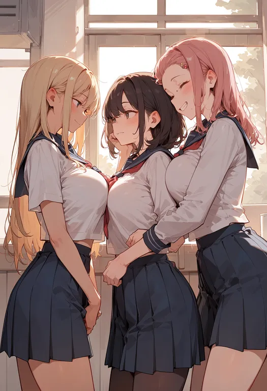 masterpiece, best quality, score_7, safe, sandwiched, multiple girls — by k3scat, made with ComfyUI