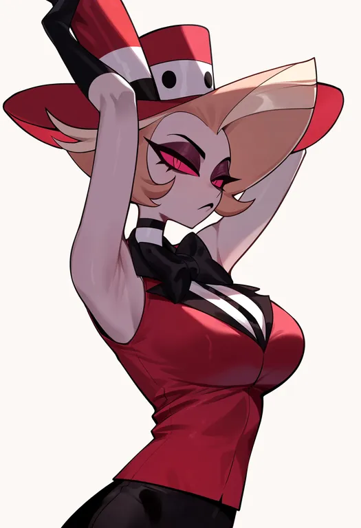 masterpiece, best quality, score_7, safe, lilith (hazbin hotel), hazbin hotel, solo, upper body, simple background — by k3scat, made with ComfyUI