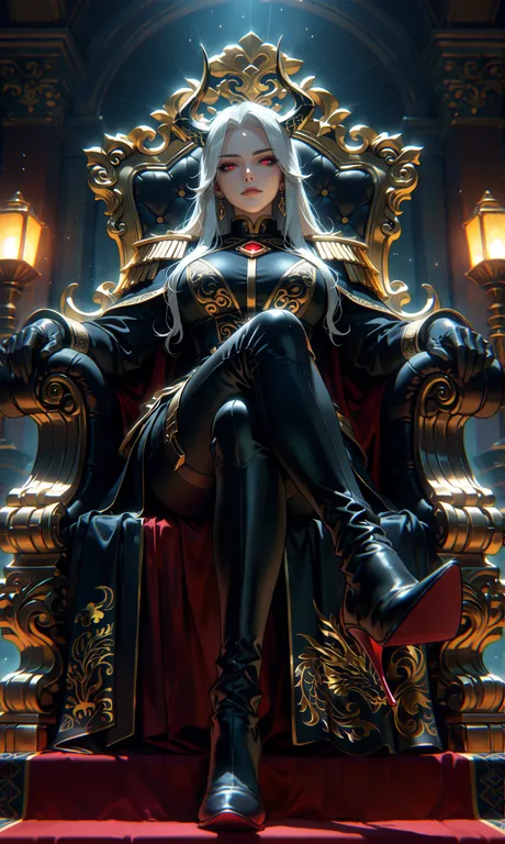 A supreme and haughty female empress with long flowing silver hair, piercing red eyes… — by LBD, made with ComfyUI