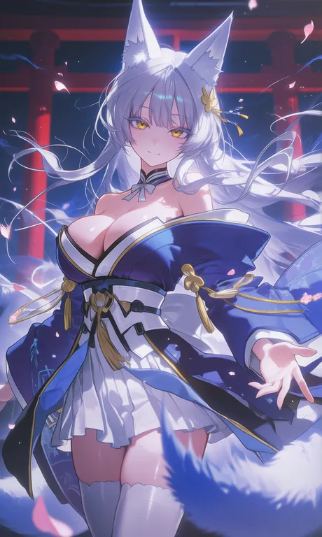 Shinano(Azur Lane), silver long hair, light purple highlights, hair ornament, fox ears, multiple fluffy fox tails, amber — by shiyi0727, made with ComfyUI