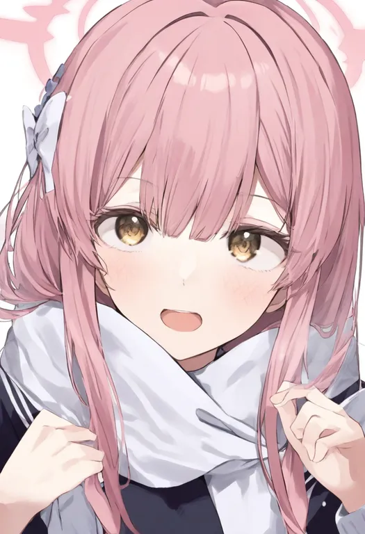 masterpiece, best quality, general, white scarf, 1girl, solo, upper body, simple background — by k3scat, made with ComfyUI