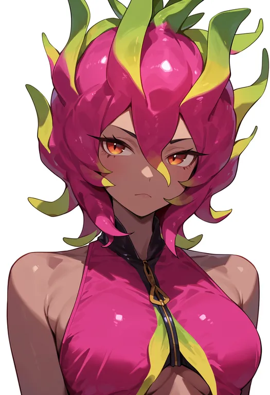 masterpiece, best quality, score_7, safe, dragon fruit, 1girl, solo, upper body, simple background — by k3scat, made with ComfyUI