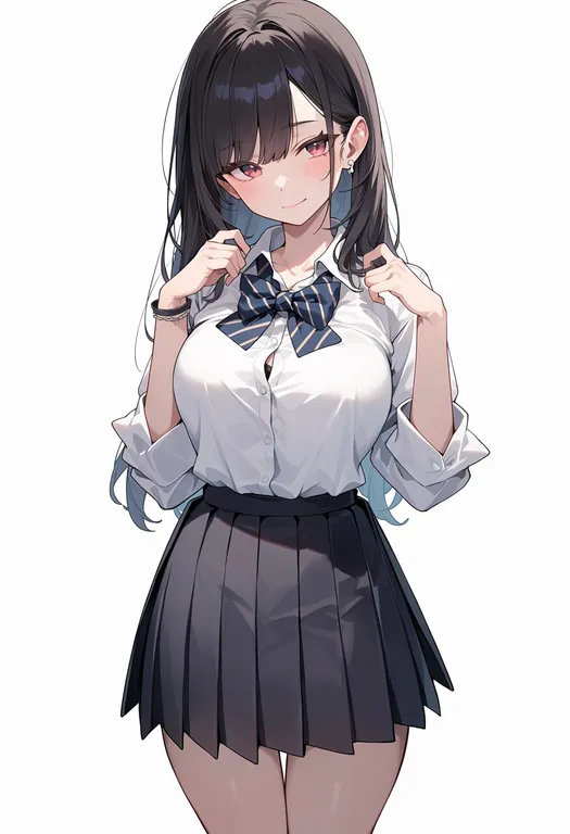 masterpiece, best quality, score_7, safe, diagonal-striped bow, 1girl, solo, simple background — by k3scat, made with ComfyUI