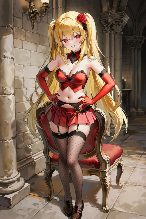CHARACTER: A girl with very long golden hair styled into twin tails, red eyes, thick yellow eyelashes… — by 鬼巫女 希纱, made with ComfyUI