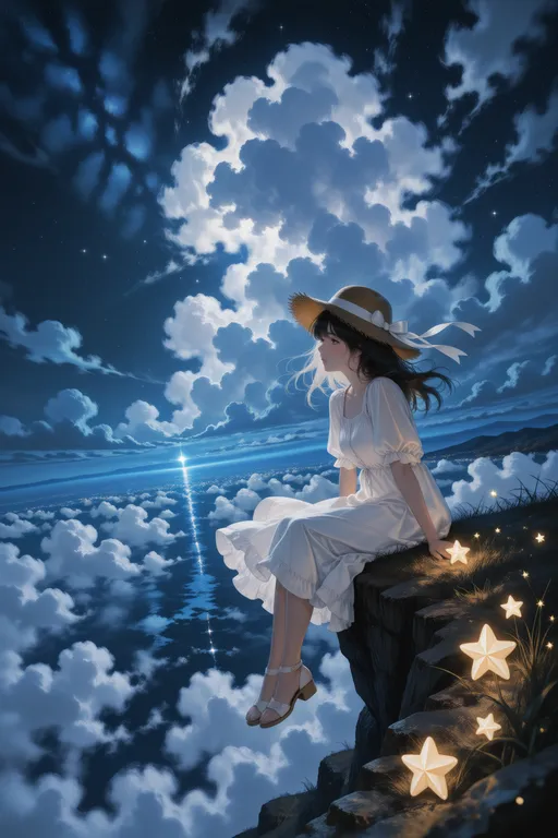 masterpiece, high quality, ultra-detailed, wide angle, girl sitting on cliff edge, white dress, straw hat, starry sky… — by Nick man, made with ComfyUI