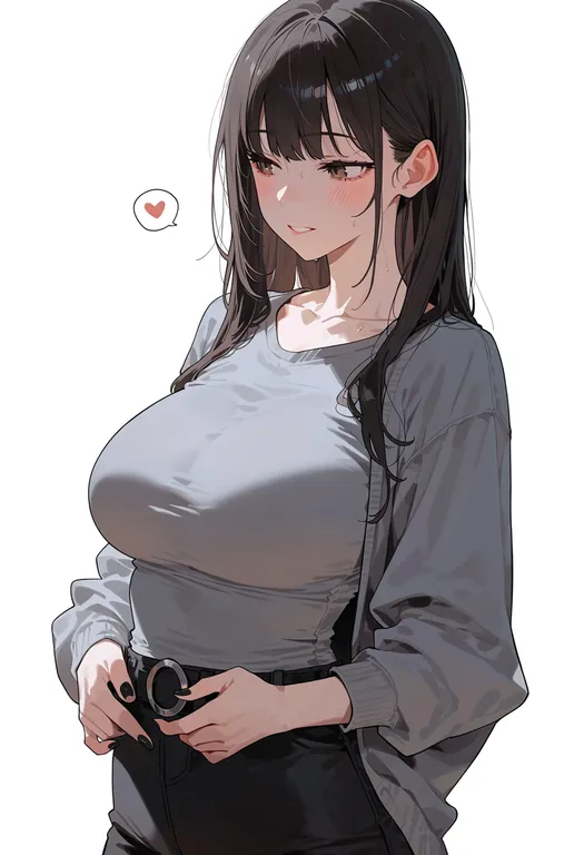 masterpiece, best quality, score_7, safe, grey shirt, 1girl, solo, simple background — by k3scat, made with ComfyUI
