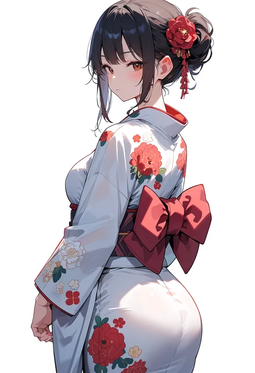 masterpiece, best quality, score_7, safe, white kimono, 1girl, solo, simple background — by k3scat, made with ComfyUI