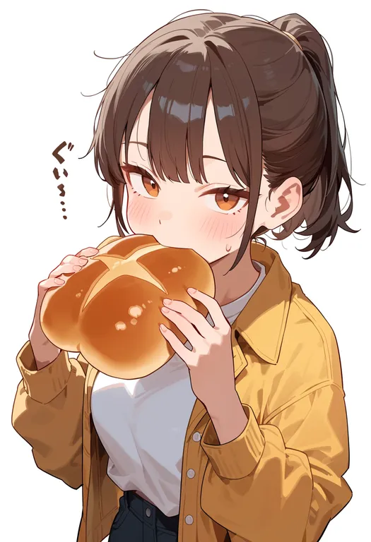 masterpiece, best quality, score_7, safe, bread eating race, 1girl, solo, upper body, simple background — by k3scat, made with ComfyUI