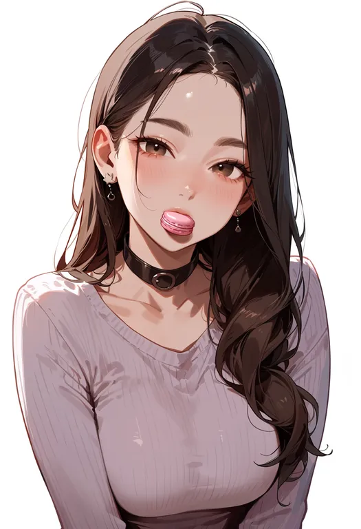 masterpiece, best quality, score_7, safe, macaron, 1girl, solo, upper body, simple background — by k3scat, made with ComfyUI