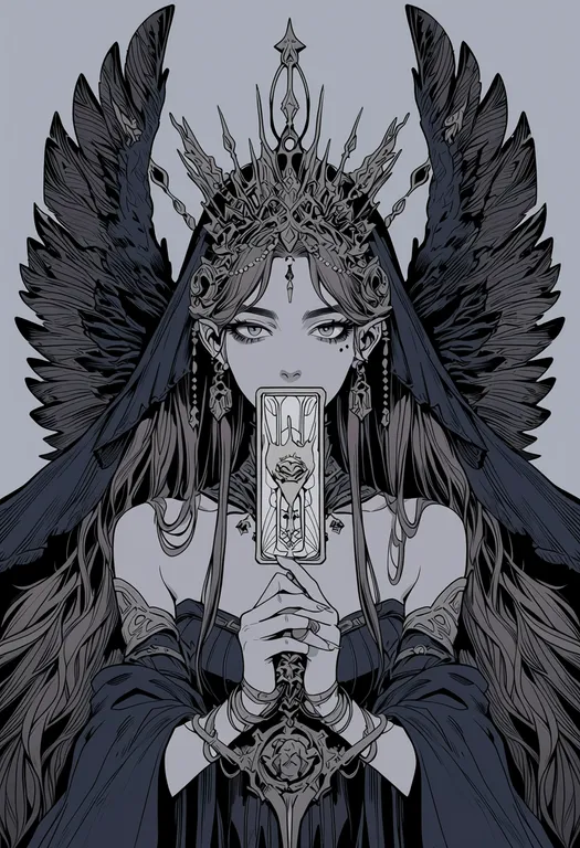 masterpiece, best quality, score_7, safe, death (tarot), 1girl, solo, upper body, simple background — by k3scat, made with ComfyUI