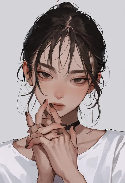 masterpiece, best quality, score_7, safe, looking at hand, 1girl, solo, portrait, simple background — by k3scat, made with ComfyUI