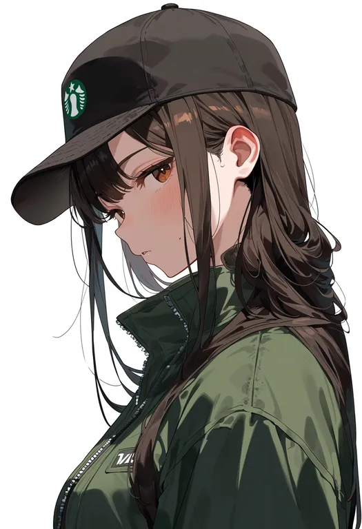 masterpiece, best quality, score_7, safe, starbucks, solo, upper body, simple background — by k3scat, made with ComfyUI